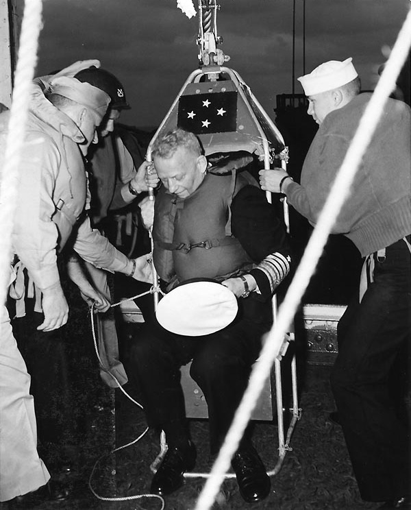 Burke immediately after being transferred by highlining from USS Gyatt to USS Boxer, Mar 1959