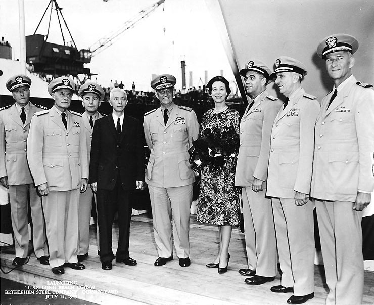 Burke at the launching ceremony of cruiser Long Beach at the Bethlehem Steel Company shipyard, Quincy, Massachusetts, United States, 15 Jul 1959