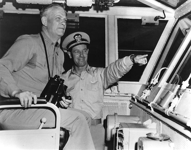 Admiral Burke on the bridge of carrier Forrestal with the ship's commanding officer Captain Roy L. Johnson, 12 Mar 1956