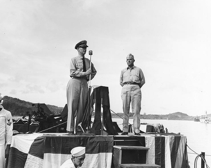 Captain Burke introducing Rear Admiral Aaron Merrill to the crew of Charles Ausburne and Claxton during an awards ceremony held on board Charles Ausburne, Purvis Bay, Solomon Islands, 30 Jan 1944