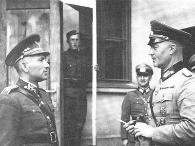 Slovakian General Ferdinand Catlos speaking with German General Erwin Engelbrecht, circa Sep 1939
