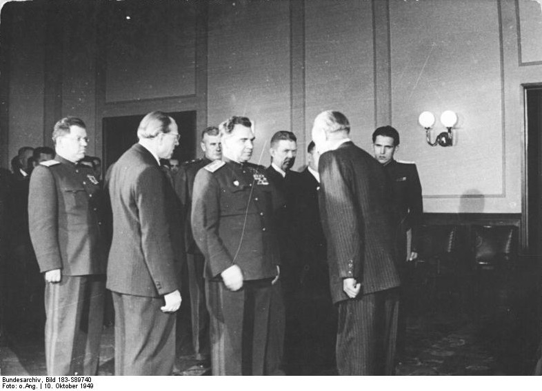 Otto Grotewhol, Luitpold Steidle, and Vasily Chuikov at the founding of East Germany, Berlin, 7 Oct 1949