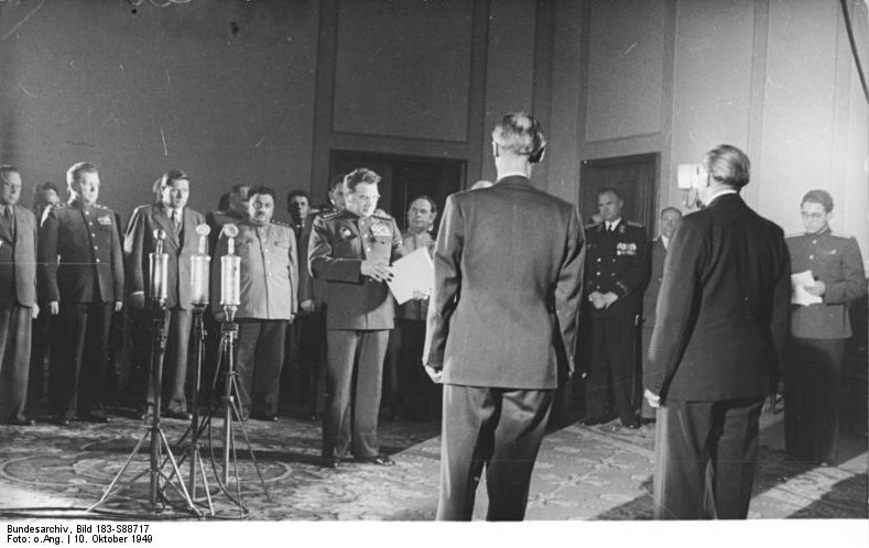 Vasily Chuikov, Otto Grotewohl, and Johannes Dieckmann at the founding of East Germany, Berlin, 7 Oct 1949