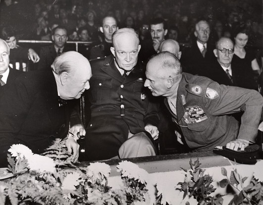 Churchill, Eisenhower, and Montgomery at a reunion of the British 8th Army, 19 Oct 1951