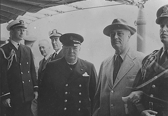 Winston Churchill, Franklin Roosevelt, and Roosevelt's sons Franklin and Eliott aboard USS Augusta off Newfoundland, Aug 1941, photo 2 of 2