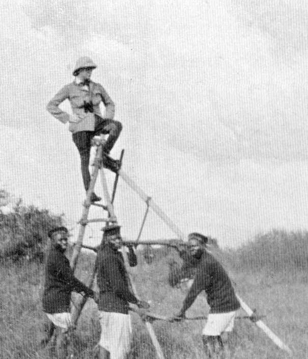 Winston Churchill on top of a makeshift observation tower, Africa, 1908