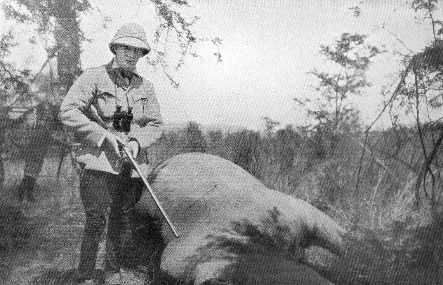 Winston Churchill and his white rhinoceros trophy, 1907