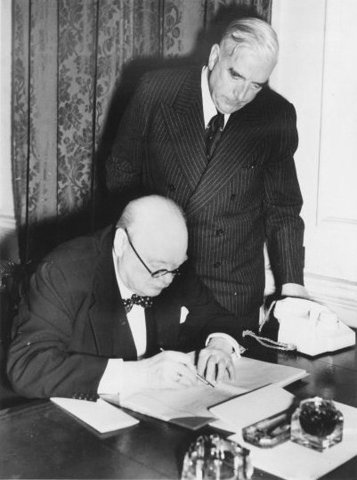Australian Prime Minister Robert Menzies and British Prime Minister Winston Churchill in Churchill's office at 10 Downing Street, London, England, United Kingdom, 1941