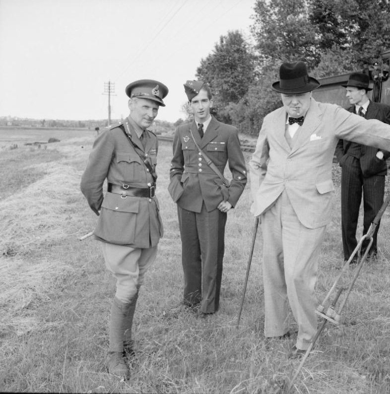 Lieutenant General Bernard Montgomery, King Petar II of Yugoslavia, and British Prime Minister Winston Churchill in Britain, 1944