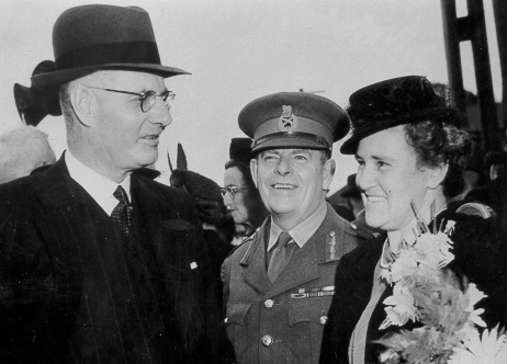 Australian Prime Minister John Curtin and his wife Elsie at the launch of HMAS Fremantle, Brisbane, Australia, 18 Aug 1942