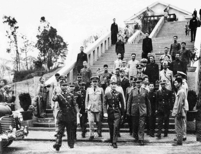 Chiang Kaishek, Dai Li, and others during an inspection of a military police training camp, Chongqing, China, 1940s, photo 3 of 3