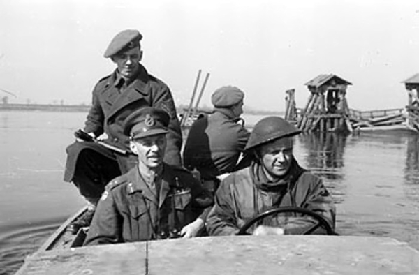Dempsey crossing the Rhine River into Germany aboard a small boat, 24-25 Mar 1945