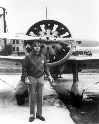 Captain Ira Eaker of US 34th Pursuit Squadron with a P-12 fighter, March Field, California, United States, 1934