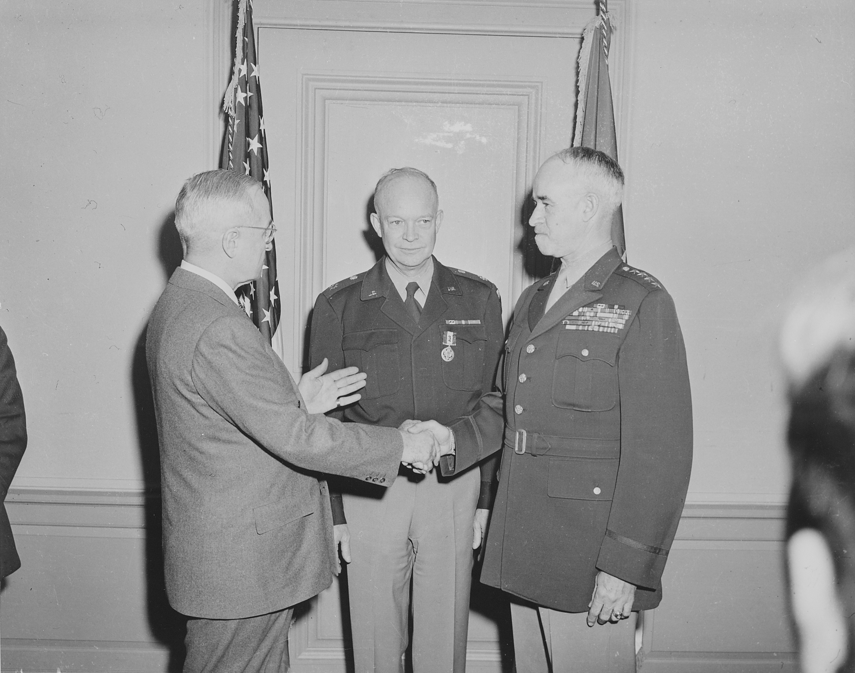 US President Harry Truman, General Dwight Eisenhower, and General Omar Bradley at the Pentagon building moment after Bradley had been sworn in as the Chief of Staff of the US Army, Virginia, United States, 7 Feb 1948