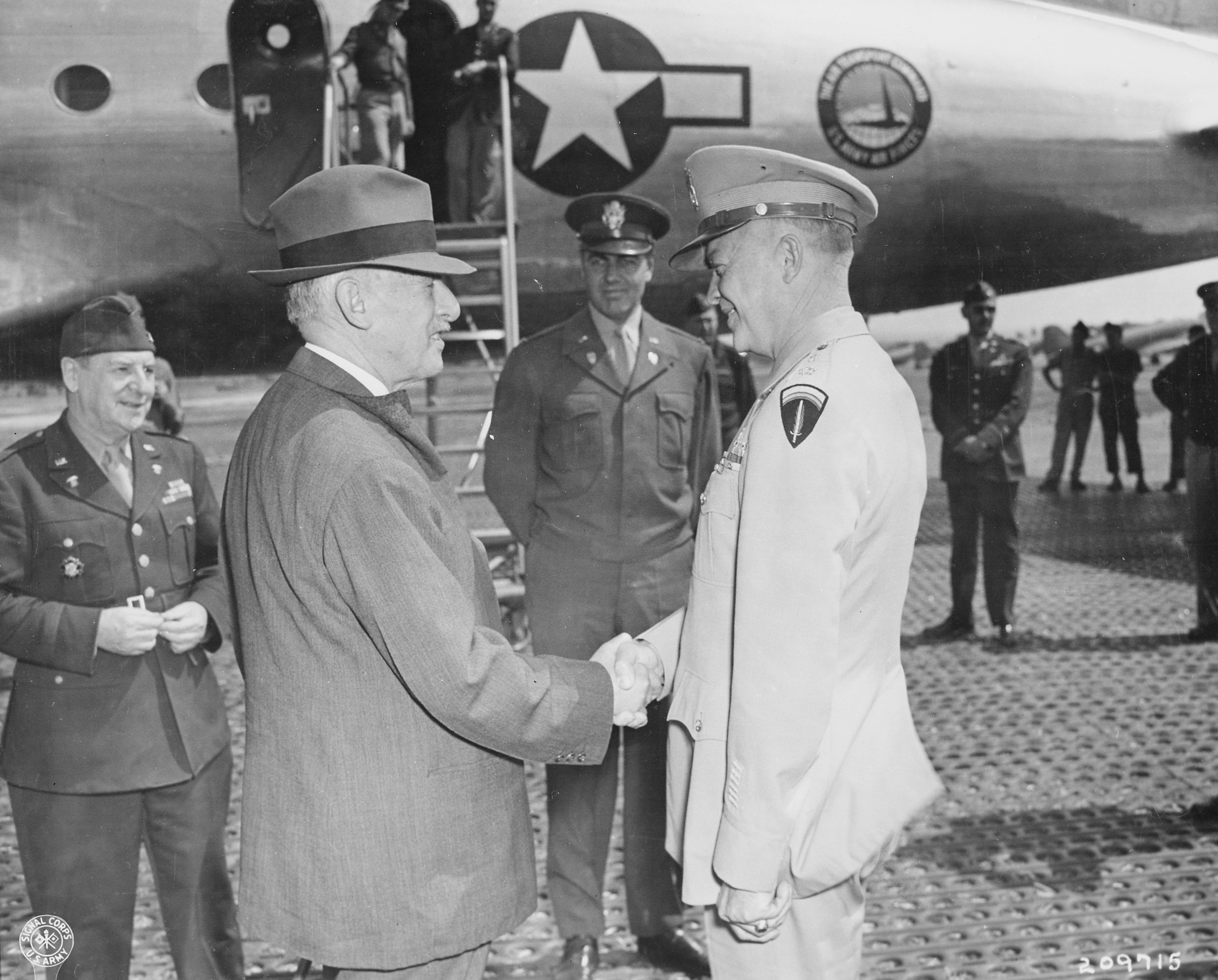 US Secretary of War Henry Stimson and General Dwight Eisenhower, Frankfurt, Germany, 27 Jul 1945