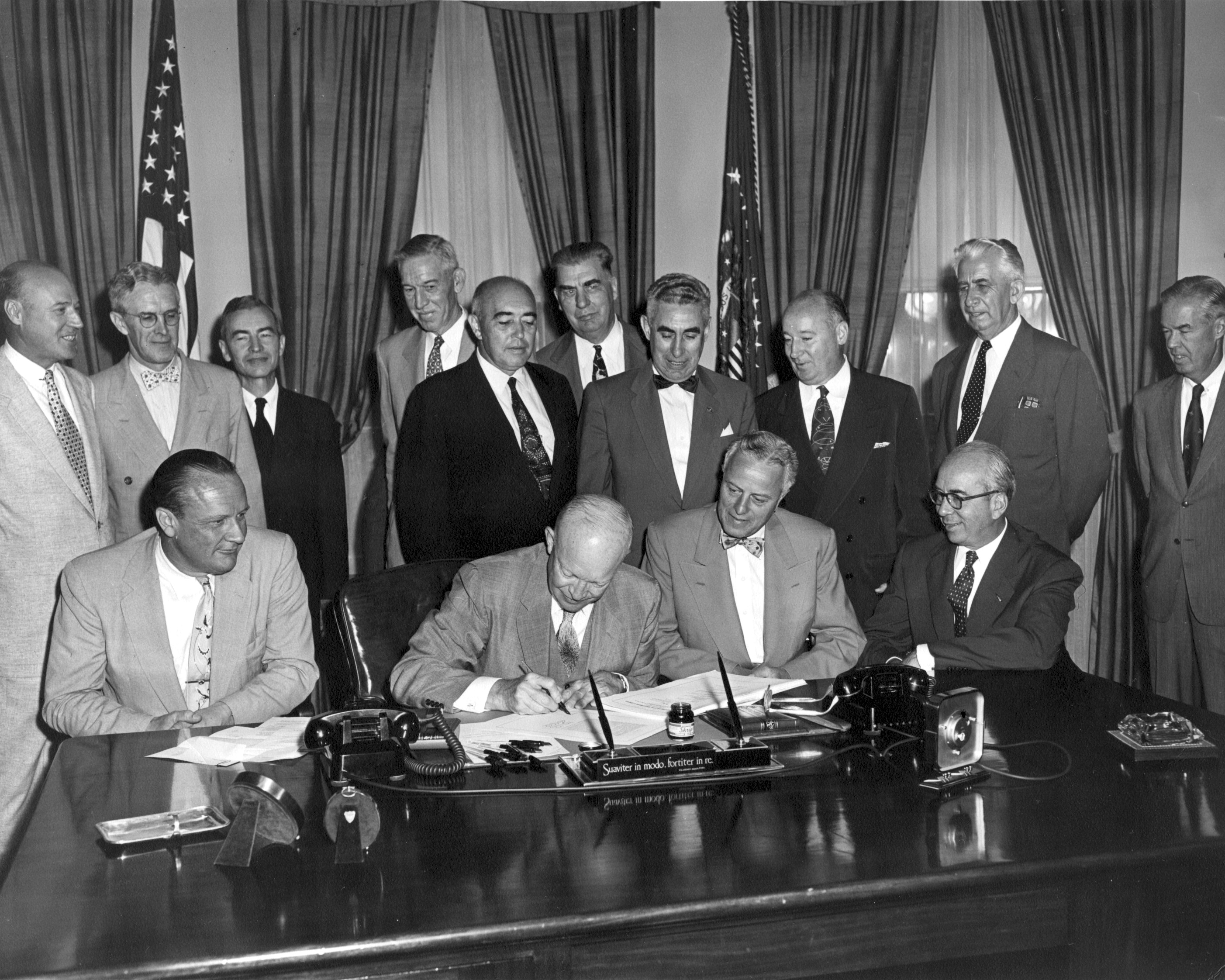 US President Dwight Eisenhower signing the Atomic Energy Act of 1954, White House, Washington DC, United States, 30 Aug 1954
