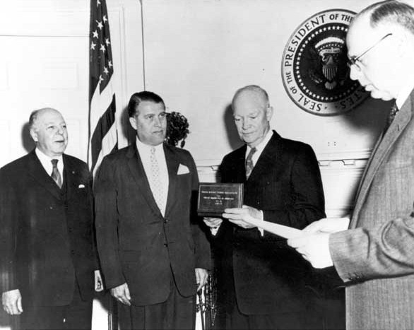 US Secretary of Army Wilber Brucker, scientist Wernher von Braun, and US President Dwight Eisenhower, Jan 1959