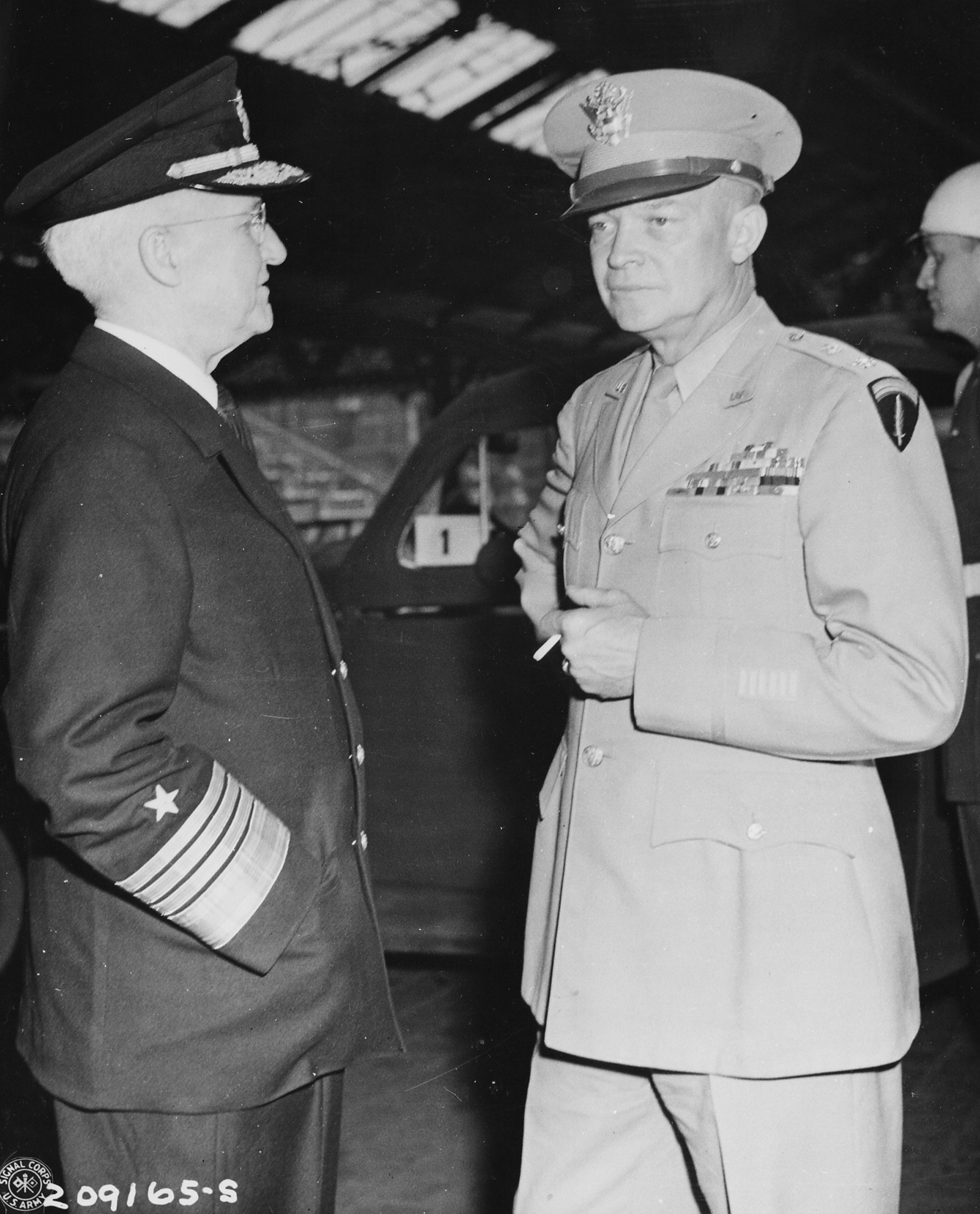 Admiral Harold Stark and General Dwight Eisenhower at Antwerp, Belgium, 15 Jul 1945, photo 2 of 2; they were awaiting the arrival of US President Harry Truman, en route for the Potsdam Conference