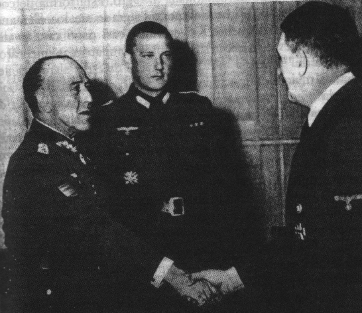Spanish Army General Esteban Infantes shaking hands with Adolf Hitler, date unknown