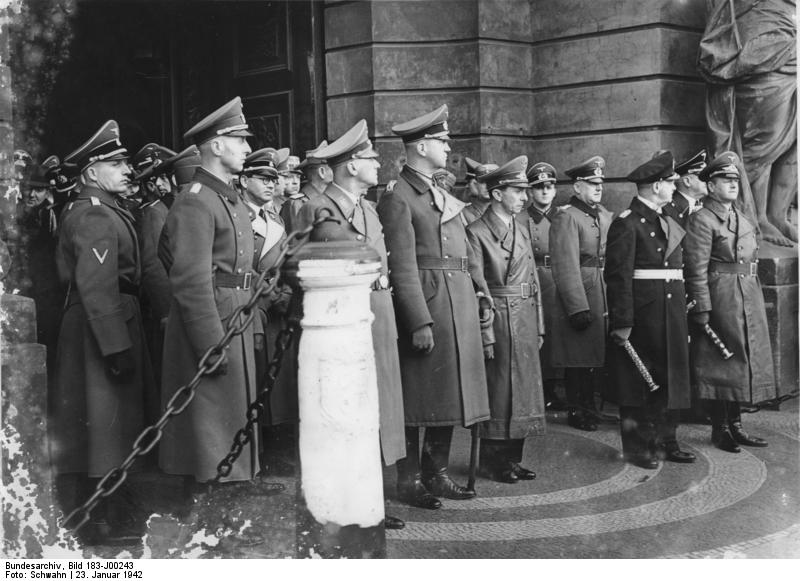 Wilhelm Frick, Philipp Bouhler, Friedrich Fromm, Joseph Goebbels, Erich Raeder, and Erhard Milch at Field Marshal Reichenau's funeral procession, 23 Jan 1942
