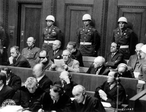 Frank, Frick, Funk, Jodl, Rosenberg, Seyß-Inquart, Speer, Streicher, Neurath, and Papen at the Nuremberg Trial, Germany, 27 Nov 1945