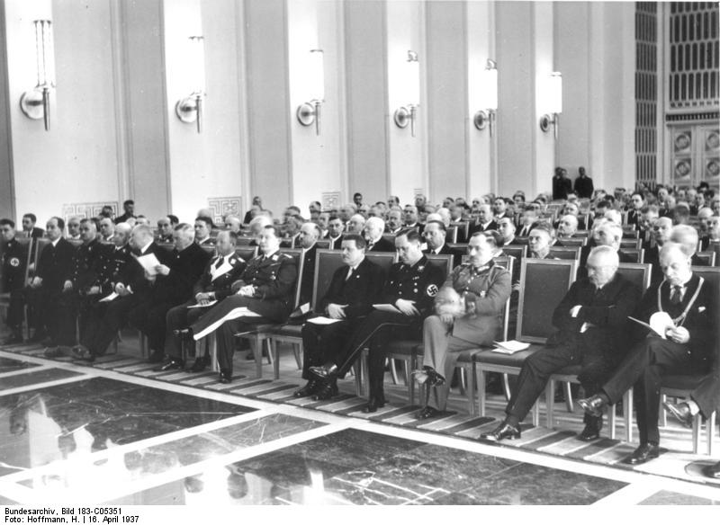Dr. H. Lammers, Dr. J. Dorpmüller, Dr. F. Gürtner, Milch, Göring, Dr. W. Ohnesorge, R. Darr at inaugural meeting of German Academy of Aeronautics Research, Berlin, Germany, 16 Apr 1937