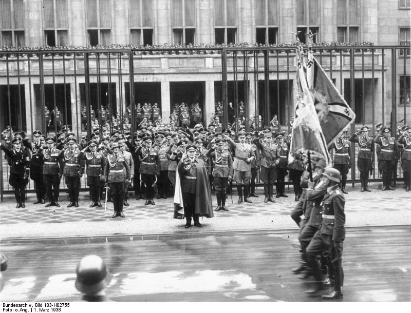Luftwaffe Day parade in front of Reich Air Ministry building on Wilhelmstraße, Berlin, Germany, 1 Mar 1938; note Göring, Christiansen, Lutze, Rust, Brauchitsch, Milch, and Raeder in attendance