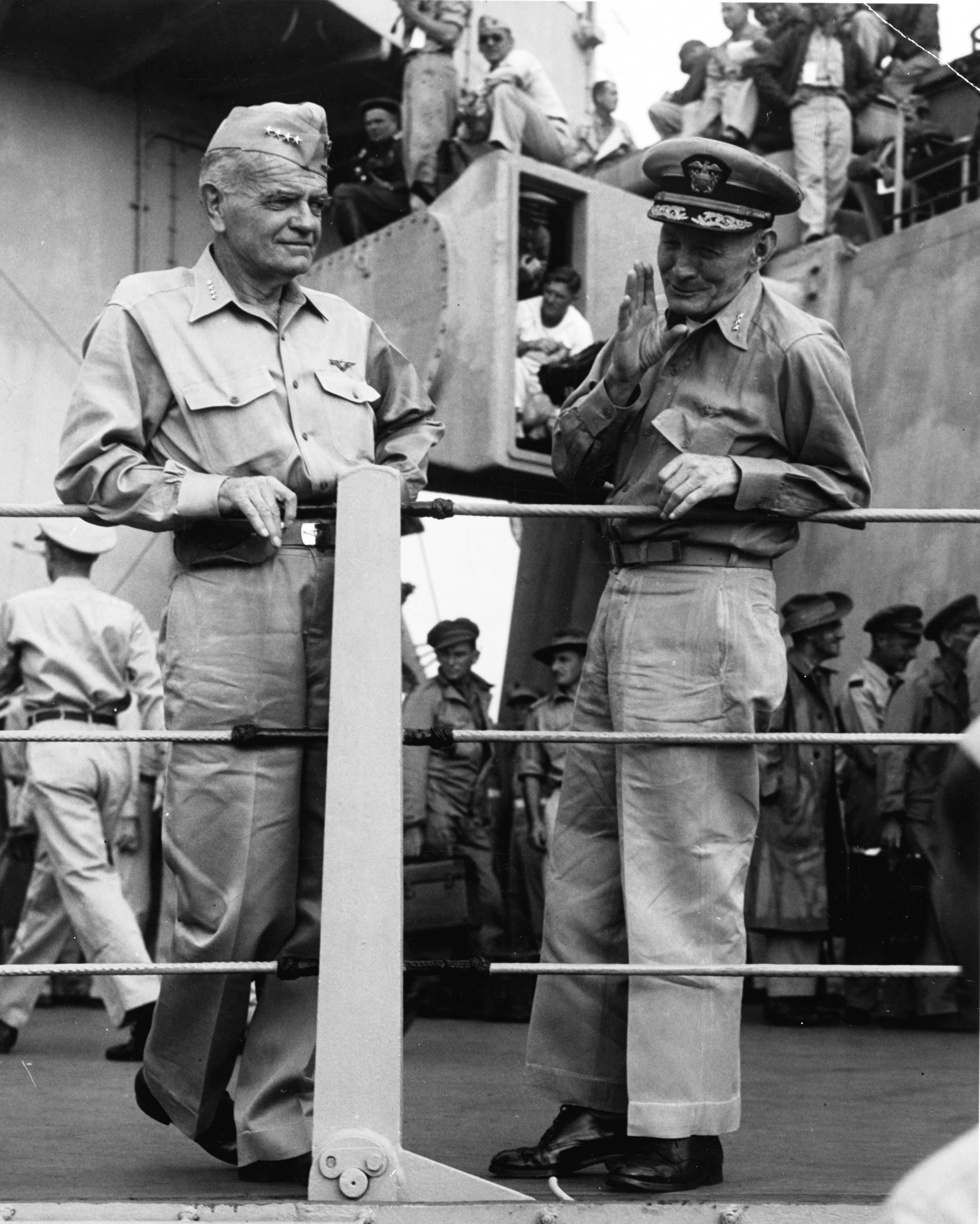 US Navy Admiral William F. Halsey and Vice Admiral John S. McCain on board USS Missouri shortly after the Japanese surrender ceremony, 2 Sep 1945