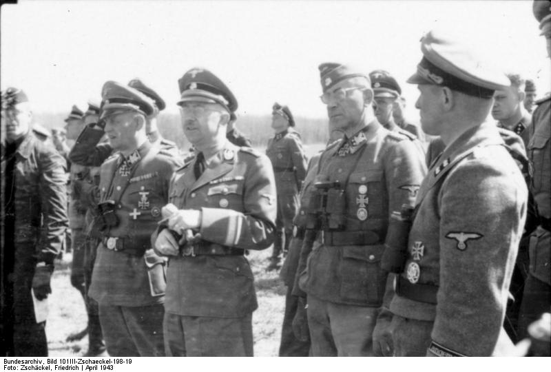 Heinrich Himmler inspecting Panzer Division 502 of German SS Division 'Das Reich' at Kharkov, Ukraine, Apr 1943; also present were Walter Krüger and Paul Hausser