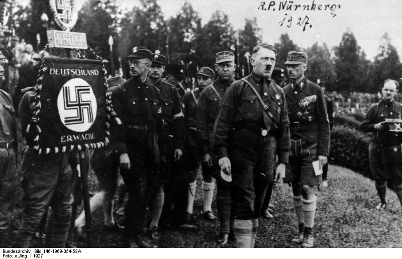 Nazi Party members gathering outside of Nürnberg, Germany, 1927; note Heinrich Himmler, Rudolf Heß, Strasser, Adolf Hitler, and Fraz Pfeffer von Salomon