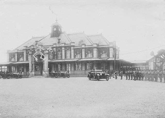 Crown Prince Hirohito at Shinchiku Train Station, Shinchiku City (now Hsinchu), Shinchiku Prefecture, Taiwan, 19 Apr 1923