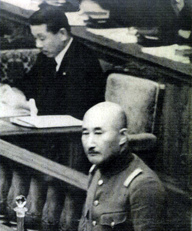 Japanese War Minister Hisaichi Terauchi and Prime Minister Koko Hirota at the Diet of Japan during a historic session that would lead to Hirota's resignation, 21 Jan 1937