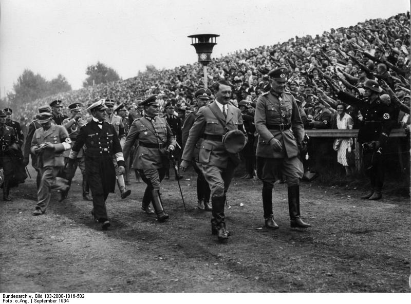Raeder, Göring, Fritsch, Hitler, and Blomberg at a Nazi Party rally in Nürnberg, Germany, Sep 1934