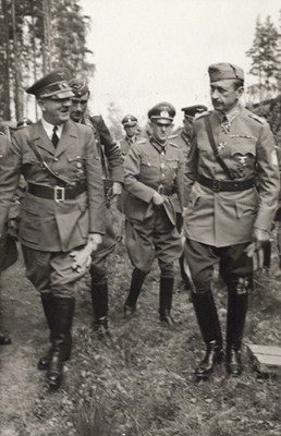 Adolf Hitler in Finland for Carl Gustaf Emil Mannerheim's 75 birthday celebration, 4 Jun 1942; note Wilhelm Keitel in background, partially covered by Mannerheim