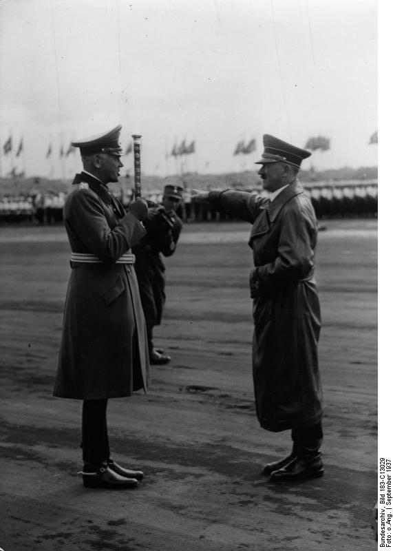 Field Marshal Blomberg offering the German Army for Hitler's review during a rally in Nürnberg, Germany, 6-13 Sep 1937