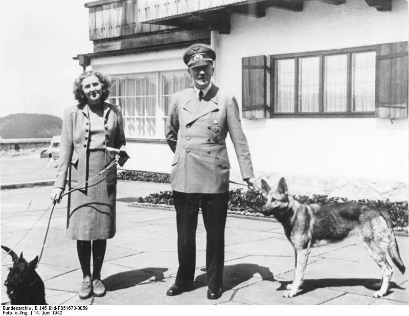 Adolf Hitler, Eva Braun, Hitler's dog Blondi, and Braun's dog at Obersalzberg, Bavaria, Germany, 14 Jun 1942