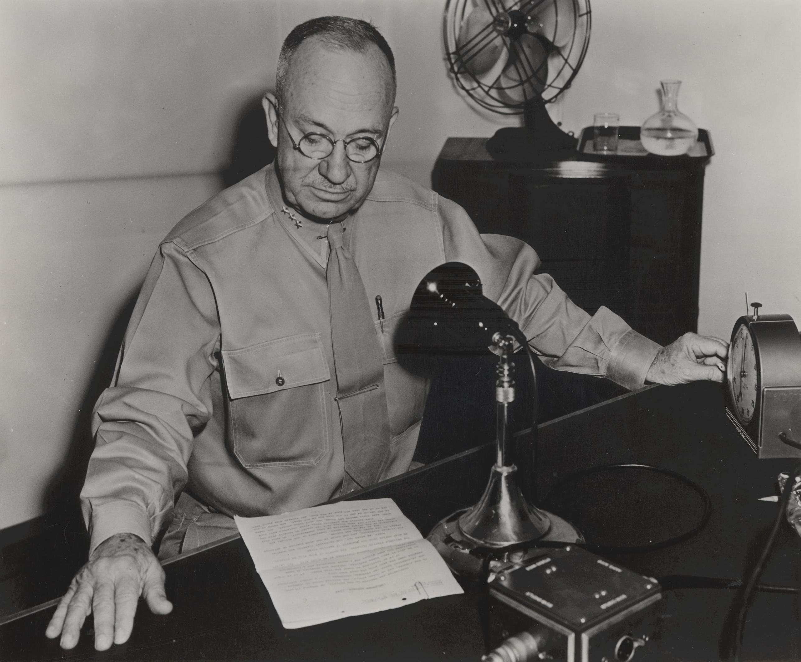 Holland Smith broadcasting a Christmas holiday message, Pearl Harbor, US Territory of Hawaii, 25 Dec 1944