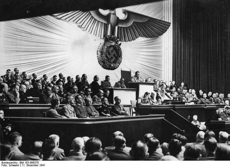 Adolf Hitler declaring war on the United States at the German Reichstag, Kroll Opera House, Berlin, Germany, 11 Dec 1941, photo 1 of 2