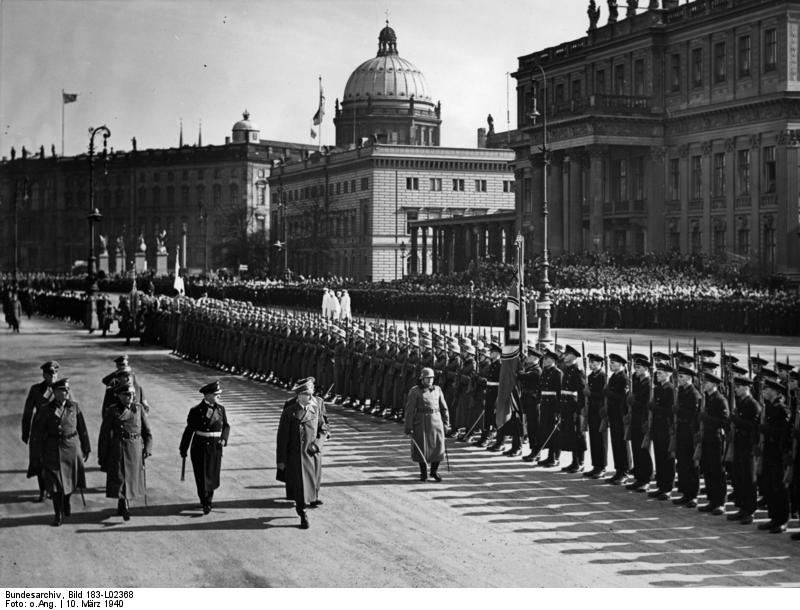 Adolf Hitler at Memorial Day celebration with Wilhelm Keitel, Walther von Brauchitsch, Erich Raeder, and Hermann Göring (behind Hitler), Berlin, Germany, 10 Mar 1940