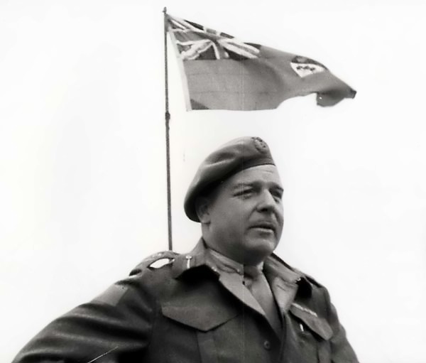 Canadian Major General Rod Keller addressing troops in Normandy, France, 2 Aug 1944