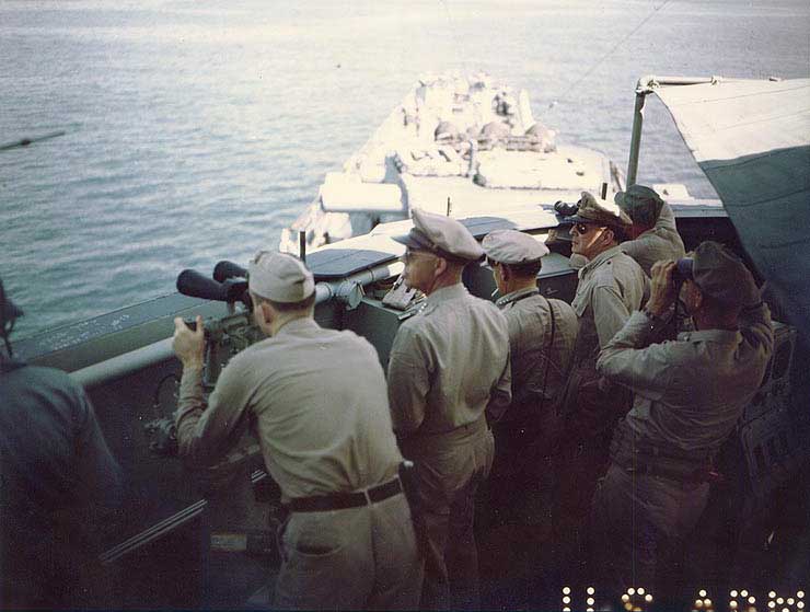 Kenney (center) and MacArthur (right) aboard USS Nashville off Leyte, Philippines, Oct 1944