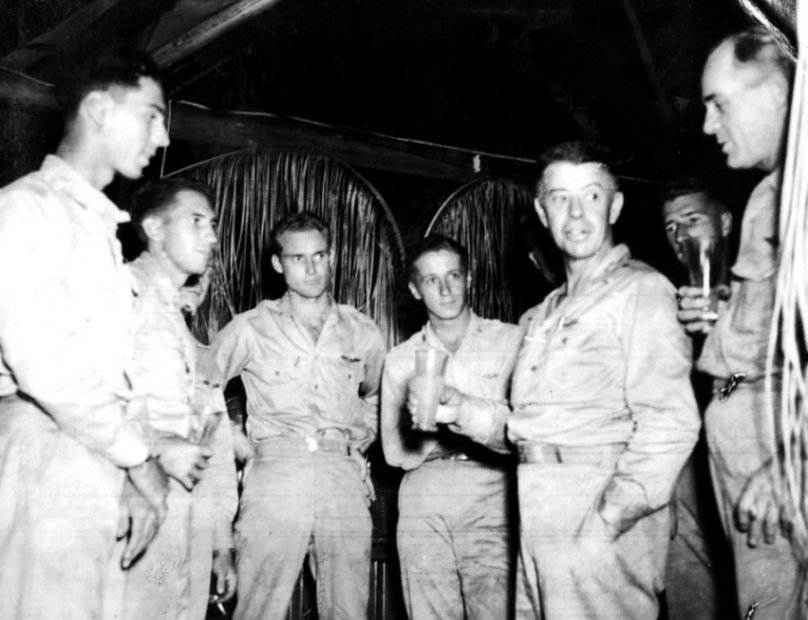 George Kenney at the '3rd Slug Bar' officer club at Dobodura Airfield, Australian Papua, mid-1943