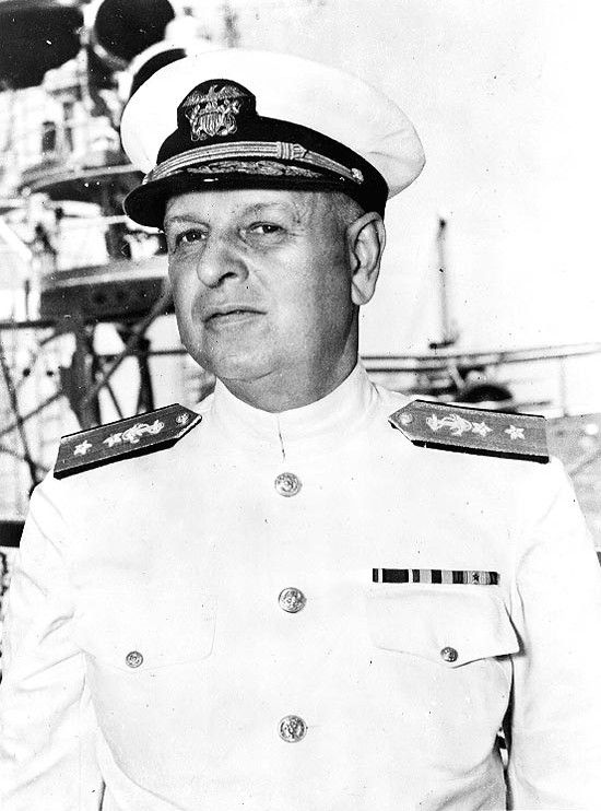Rear Admiral Husband Kimmel, commanding officer of US Navy Cruiser Division Seven, probably on board his flagship USS San Francisco, circa 1939