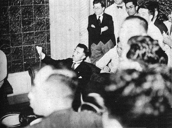 Fumimaro Konoe at a press conference at the Peerage Club House in Chiyoda, Tokyo, Japan upon being asked to form a new government, 17 Jul 1940