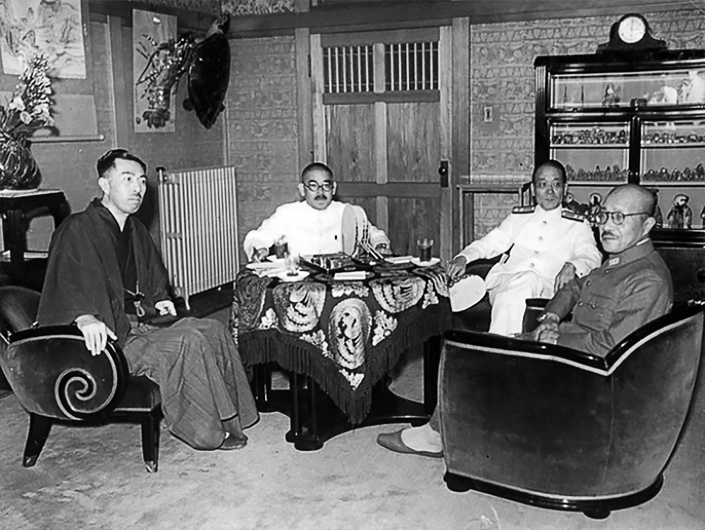 Fumimaro Konoe, Yosuke Matsuoka, Zengo Yoshida, and Hideki Tojo at the Ogikubo Talk at Konoe's residence of Tekigaiso in Tokyo, Japan, 19 Jul 1940