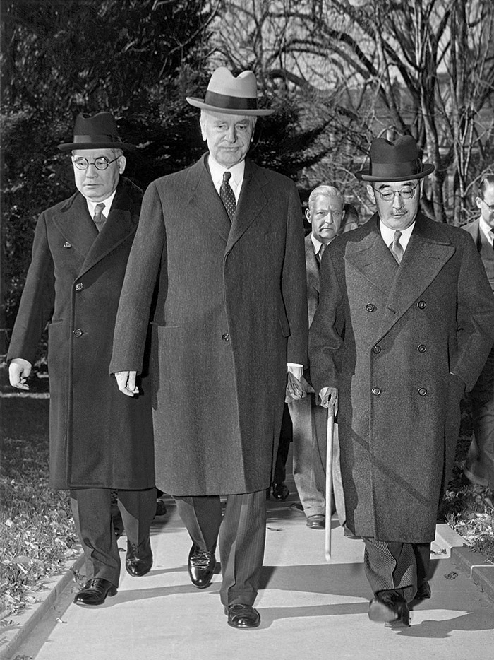 Japanese Ambassador Admiral Kichisaburo Nomura and Special Envoy Saburo Kurusu with US Secretary of State Cordell Hull, Washington DC, United States, 17 Nov 1941