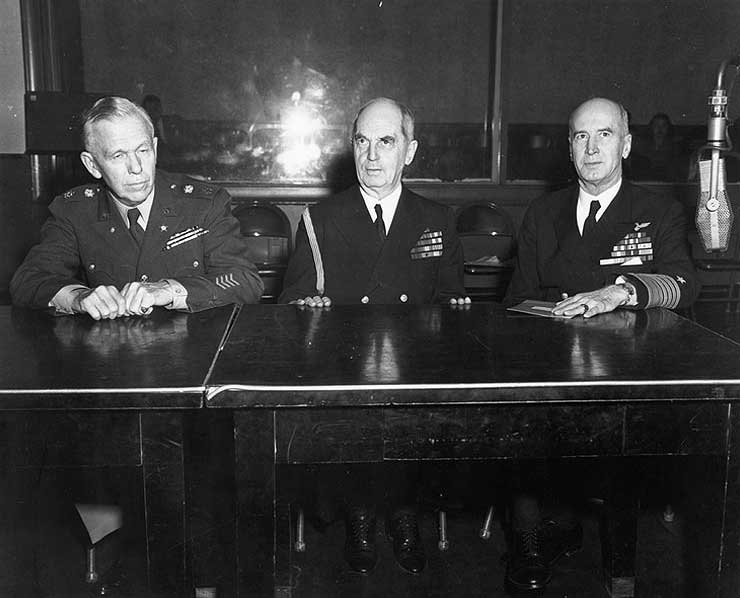 Marshall, Leahy, and King announcing victory over Europe, Washington DC, 8 May 1945