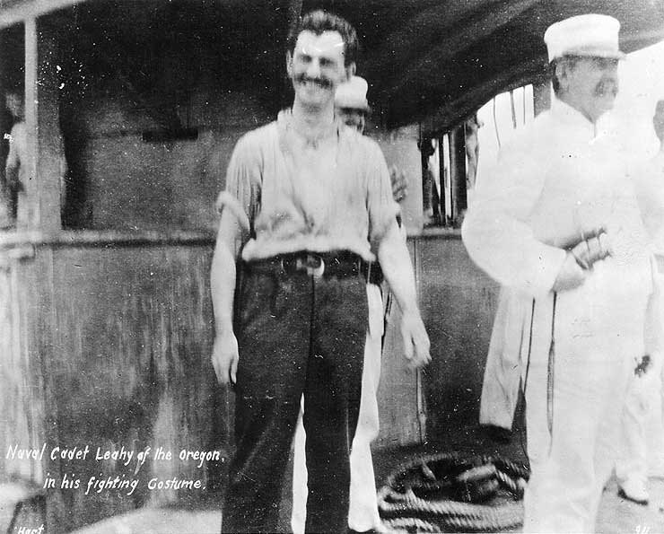 Cadet William Leahy and Captain Charles Edgar Clark aboard USS Oregon during Battle of Sanitago, off Cuba, 3 Jul 1898