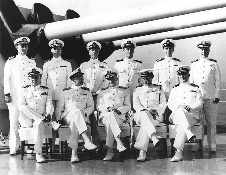 Rear Admiral Harold Stark with the commanders of his Cruiser Divisions and ships, probably aboard USS Honolulu, circa 1939