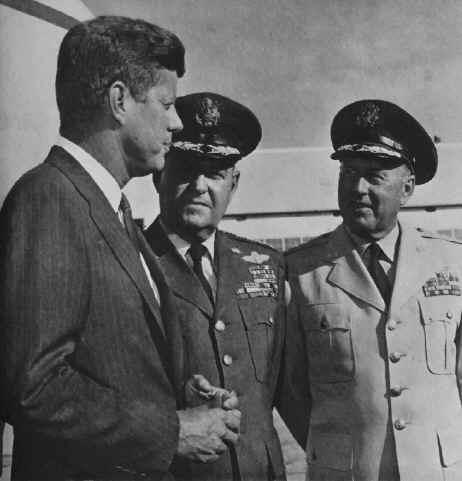 President John Kennedy with SAC Chief General Curtis LeMay and SAC Vice-Chief Lieutenant General Thomas Power at Strategic Air Command HQ, Offutt Air Force Base, Omaha, Nebraska, United States, 1962
